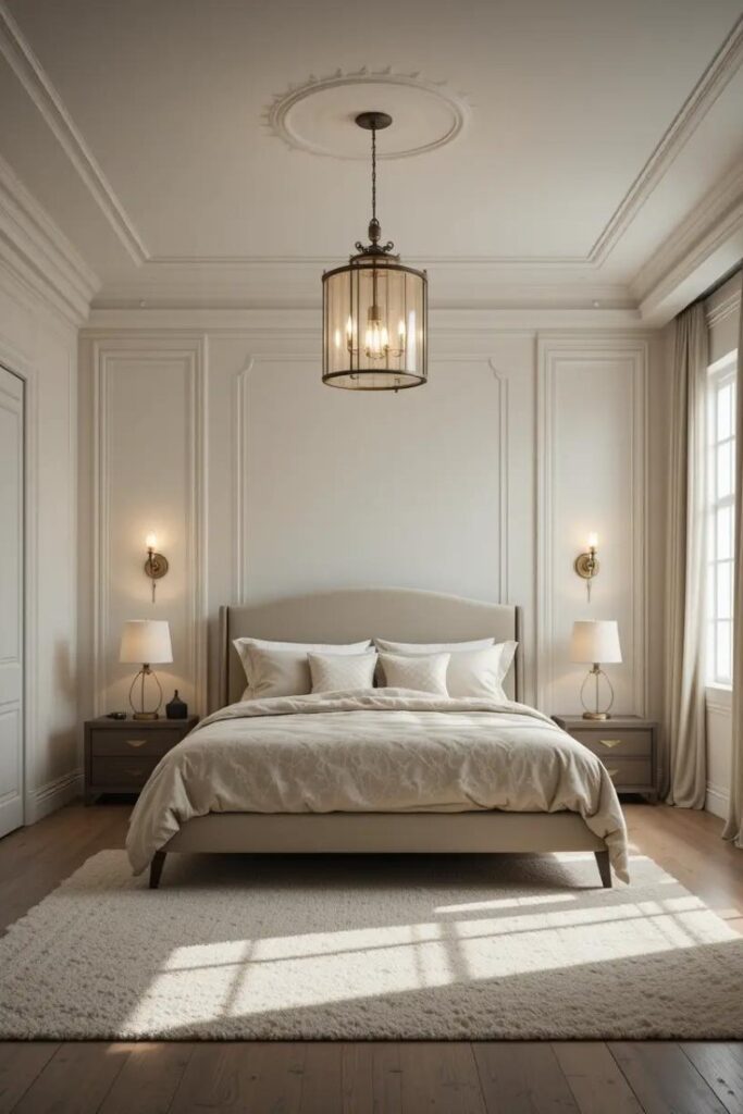 Modern farmhouse bedroom with layered lighting including sconces and a pendant light.