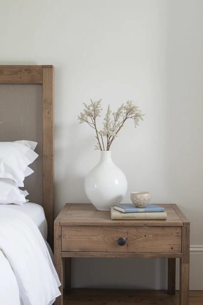 Modern farmhouse nightstand with a ceramic vase