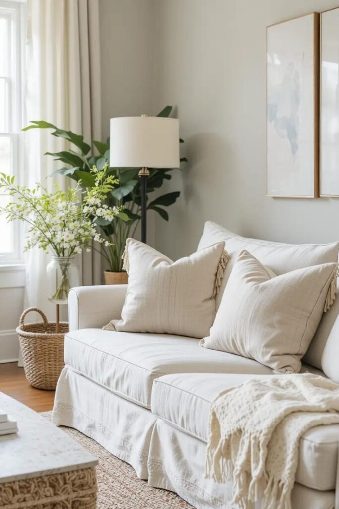 Lightweight linen and cotton fabrics replace heavy winter textiles for a breathable, airy summer living room feel.