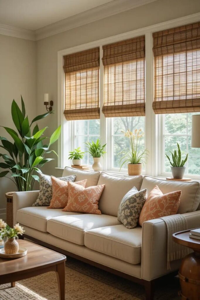 Lightweight bamboo window blinds allow summer light in while maintaining comfort and style.