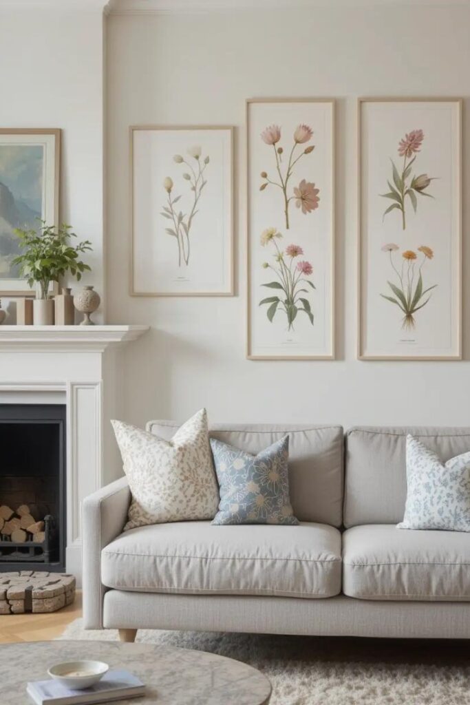 Refreshing wall decor with summer botanicals and light frames transforms a seasonal living room space.