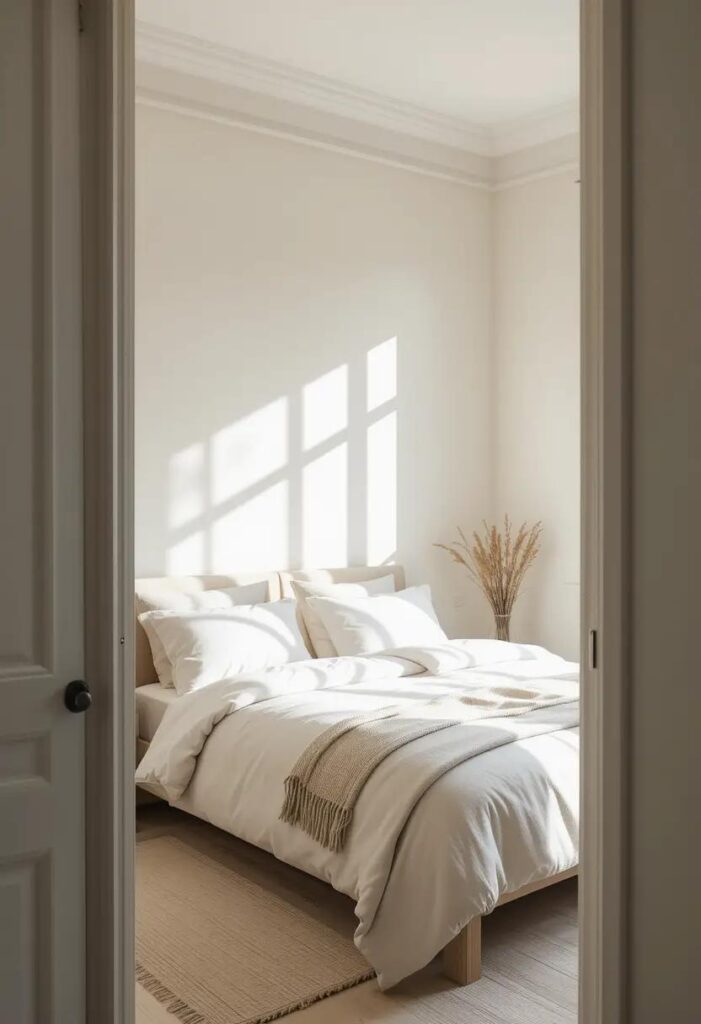 Bedroom painted in warm white with soft gray undertones, enhancing light reflection and providing a calming neutral backdrop.