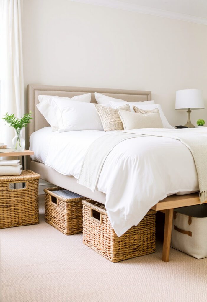 Modern cozy bedroom with woven baskets for stylish storage and a warm, clutter-free look.