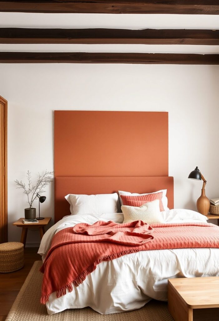 Cozy bedroom with a terracotta accent wall and warm-toned decor for a clean and modern update.