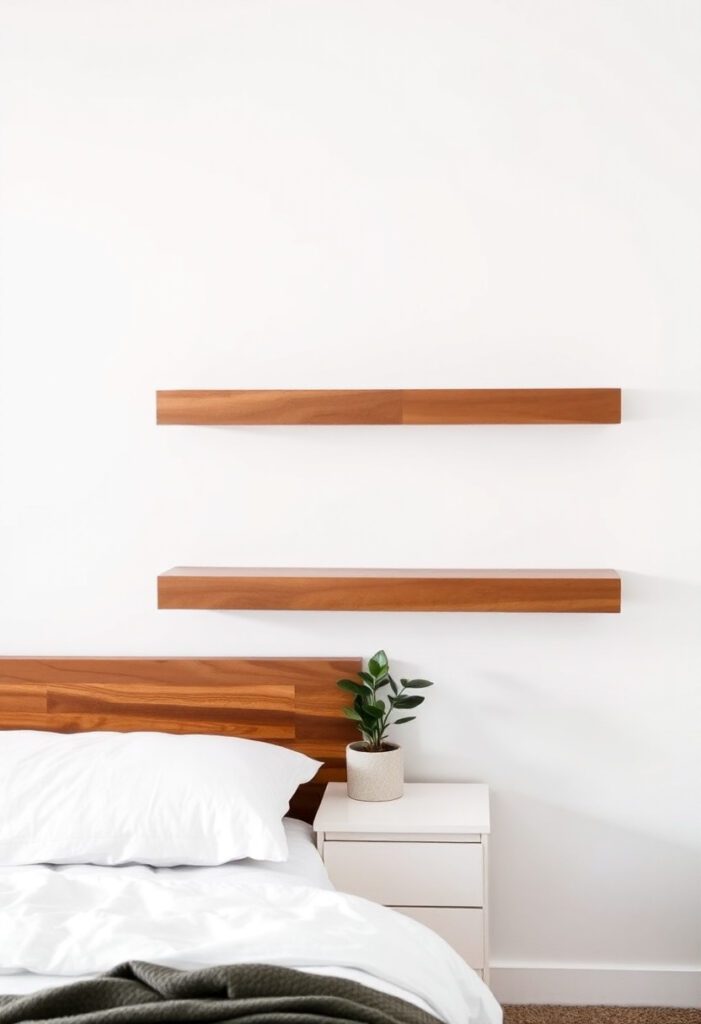 Neutral bedroom with floating wood shelves for cozy storage and modern decorative display ideas.
