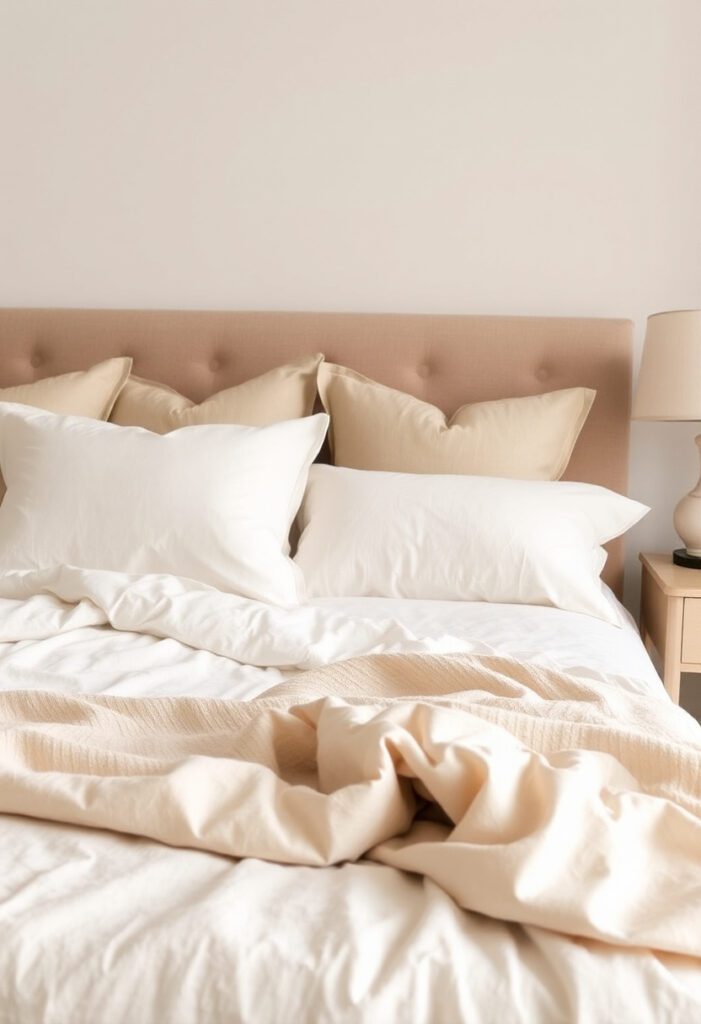 Neutral modern bedroom with high-quality linen bedding and cozy textures for a luxurious, comfortable space.