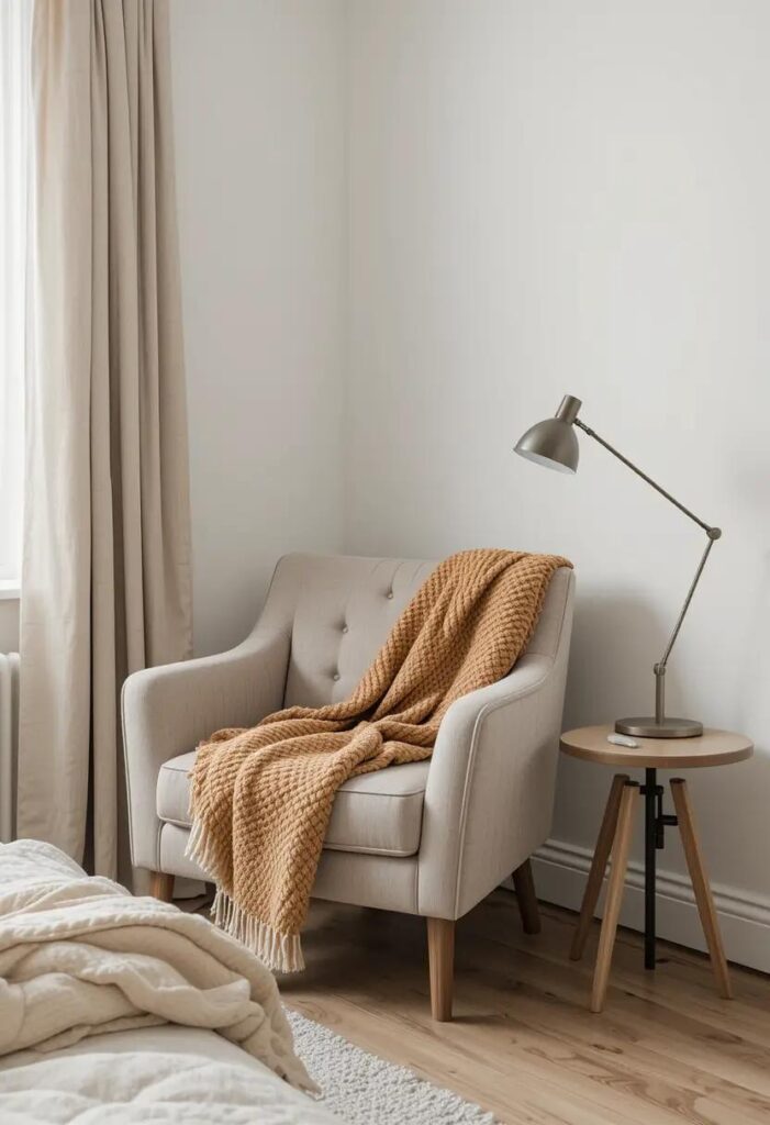 Cozy bedroom corner reading nook with soft lighting and neutral accents, ideal for relaxing bedroom decor ideas.