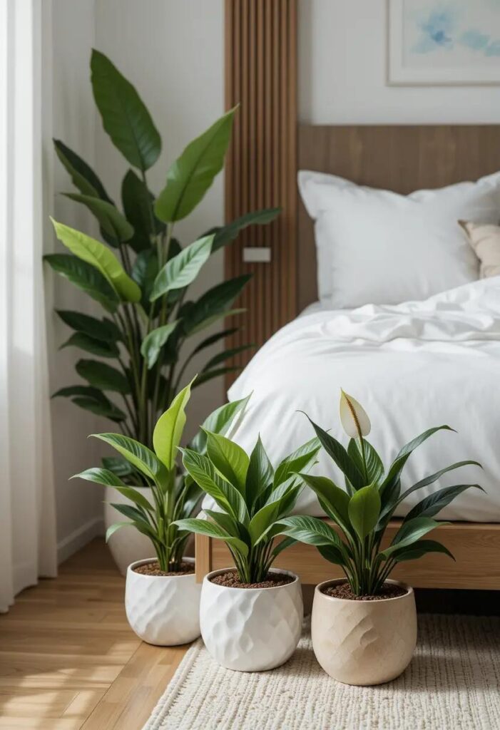 Cozy modern bedroom with indoor plants adding a touch of greenery and warmth to a simple, stylish space.