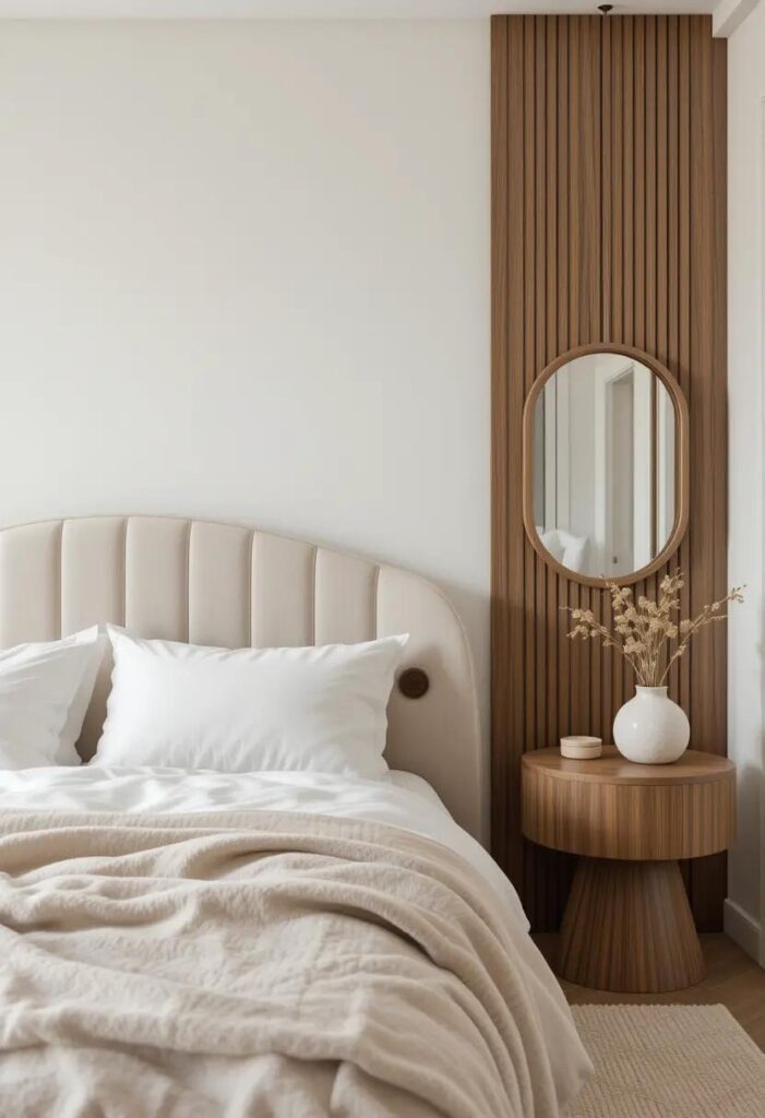 Neutral bedroom with soft curves and rounded furniture for a warm, inviting modern bedroom layout.