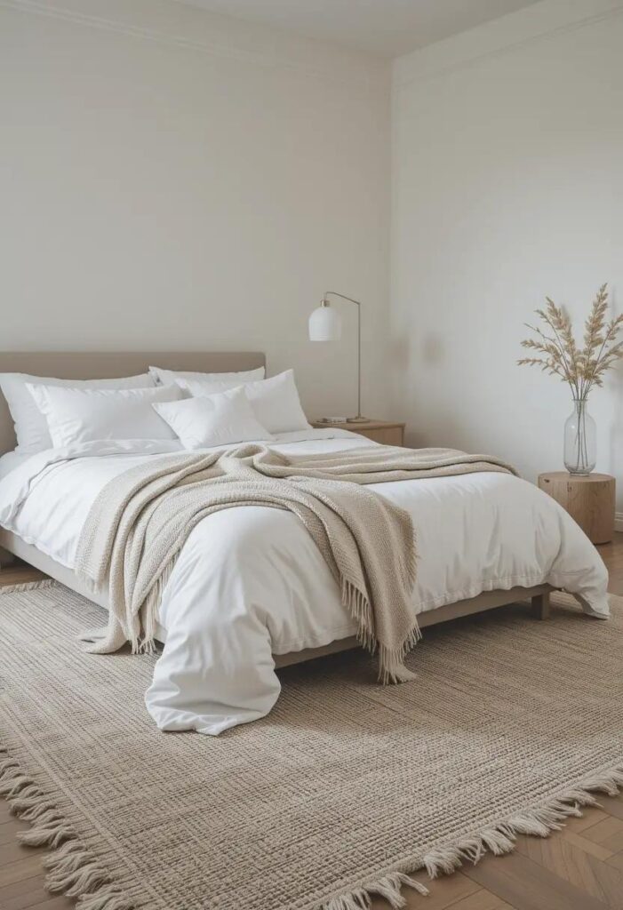 Cozy bedroom with layered rugs in neutral tones, creating texture and warmth in a modern bedroom design.