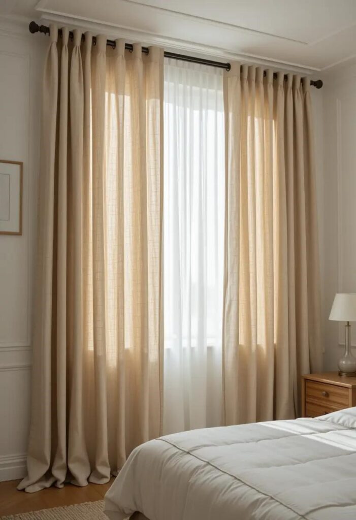 Neutral bedroom with elegant window curtains that frame the view and add softness to a cozy, well-lit room.