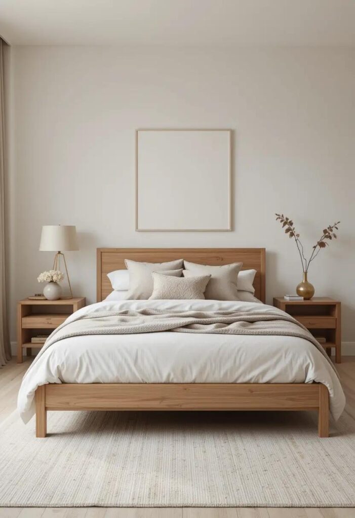 Warm wood accents in a cozy bedroom with minimalist furniture and soft neutral bedding for a calming feel.