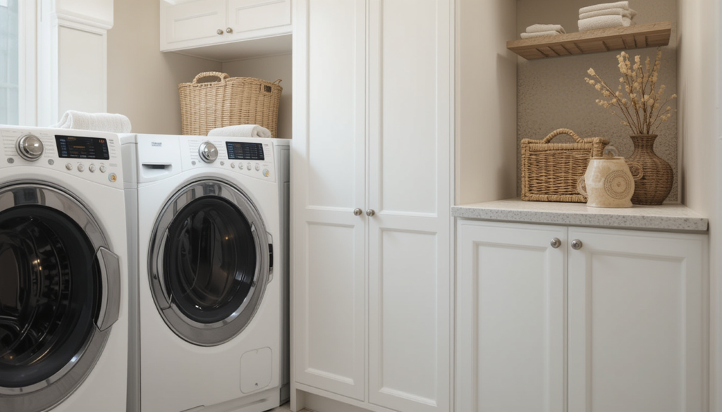 small laundry room with cabinets