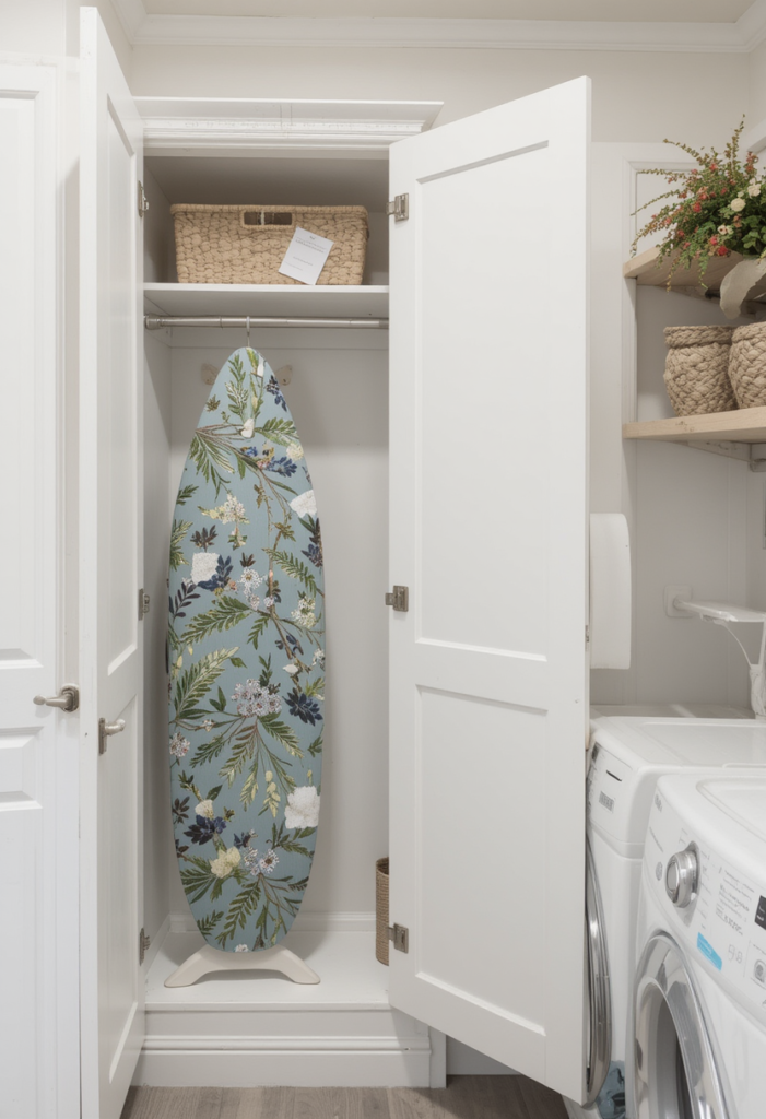 built-in ironing board in laundry room cabinets