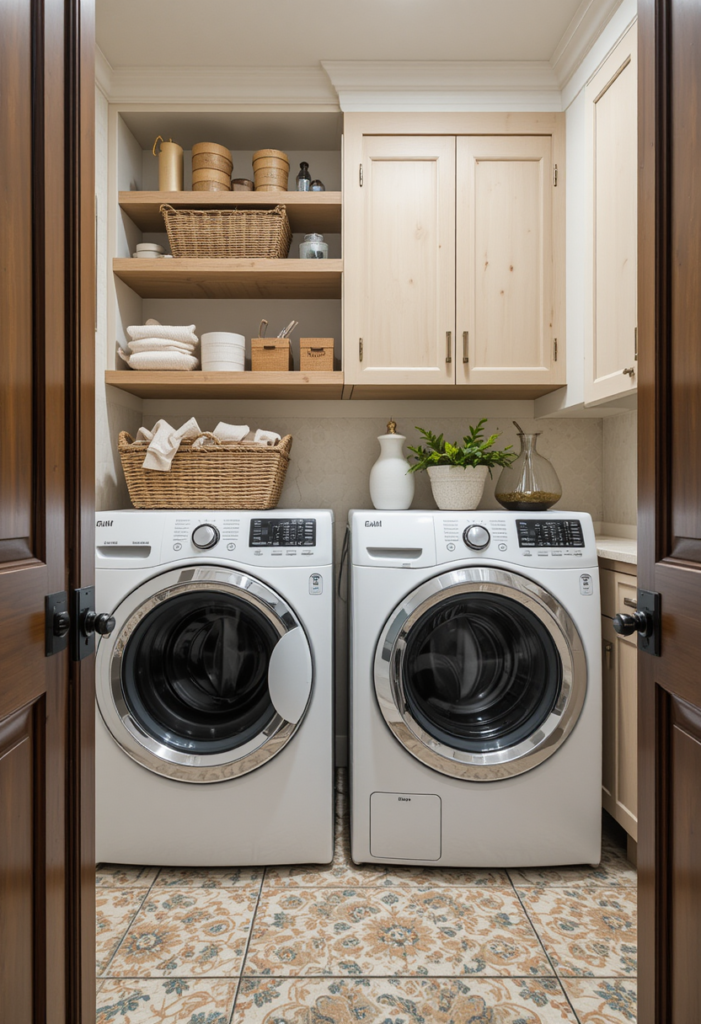 laundry room with cabinets and high shelves