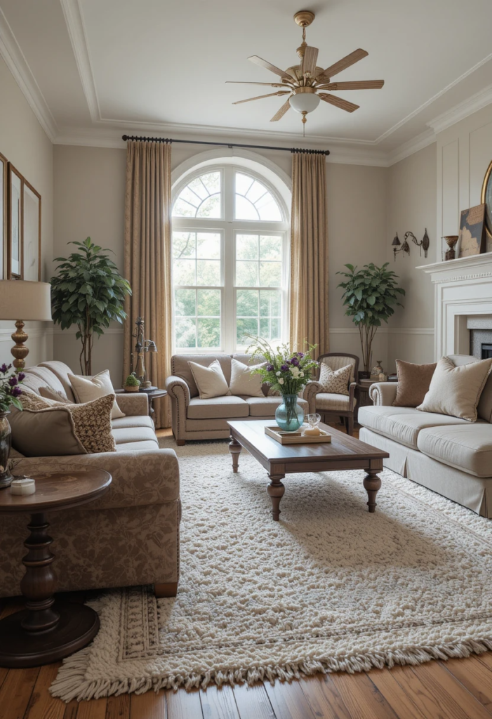 a living room with a fireplace and couches