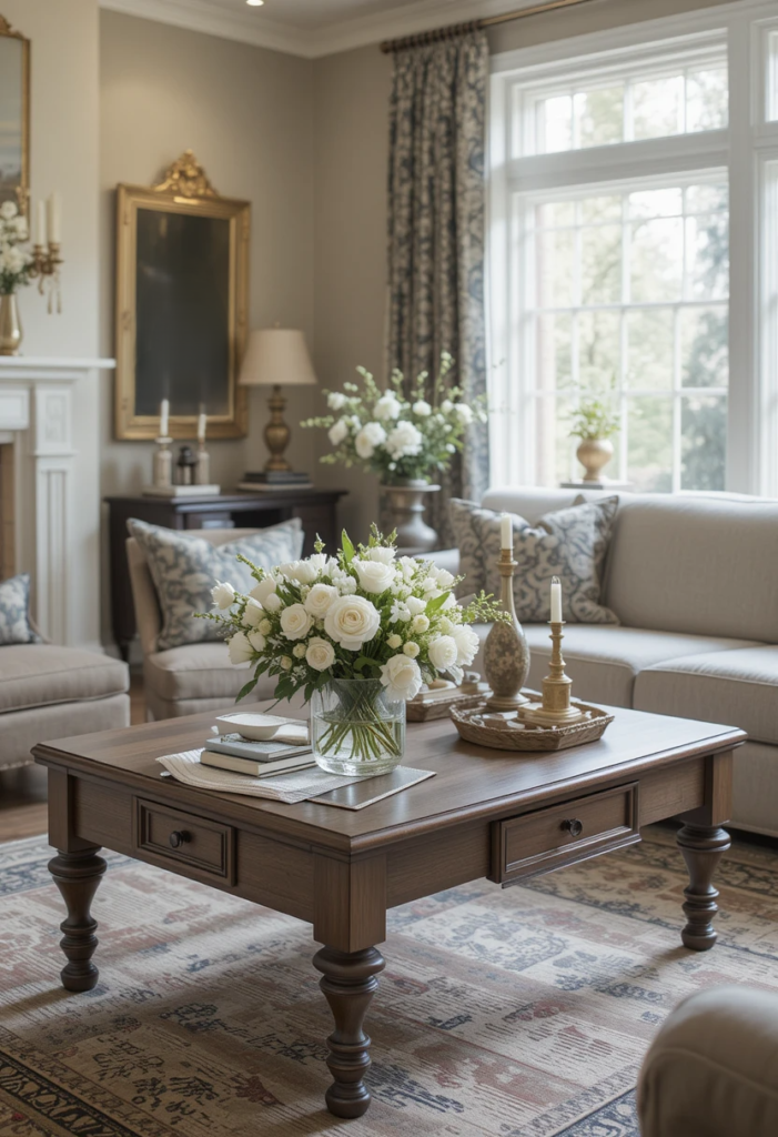 a living room with a couch and a vase of flowers