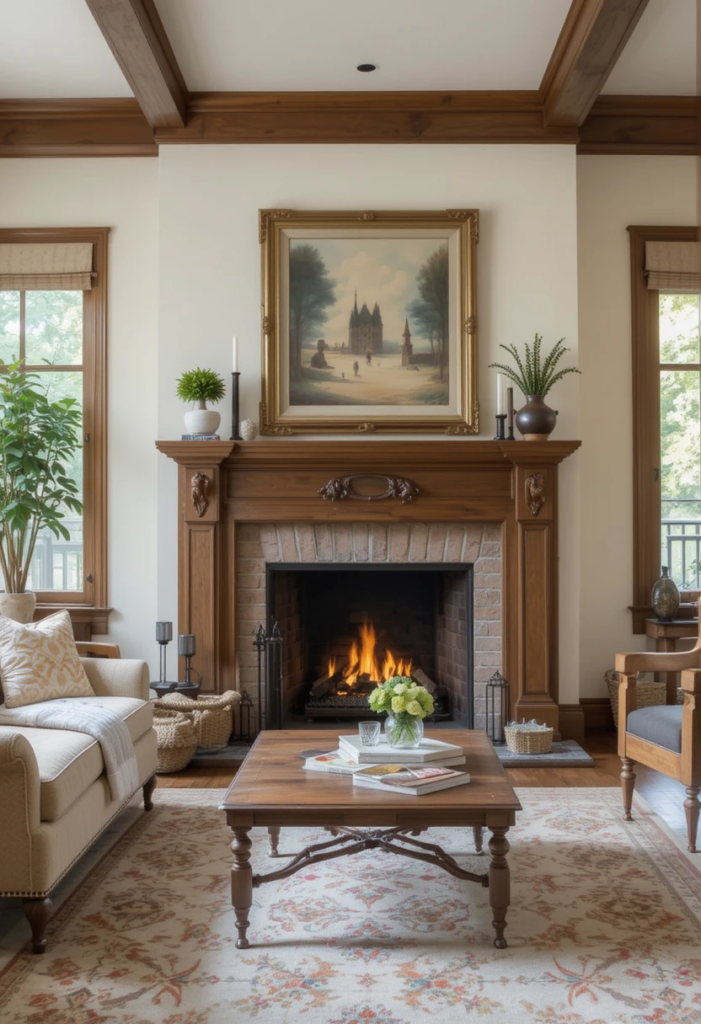 a living room with a fireplace and a painting