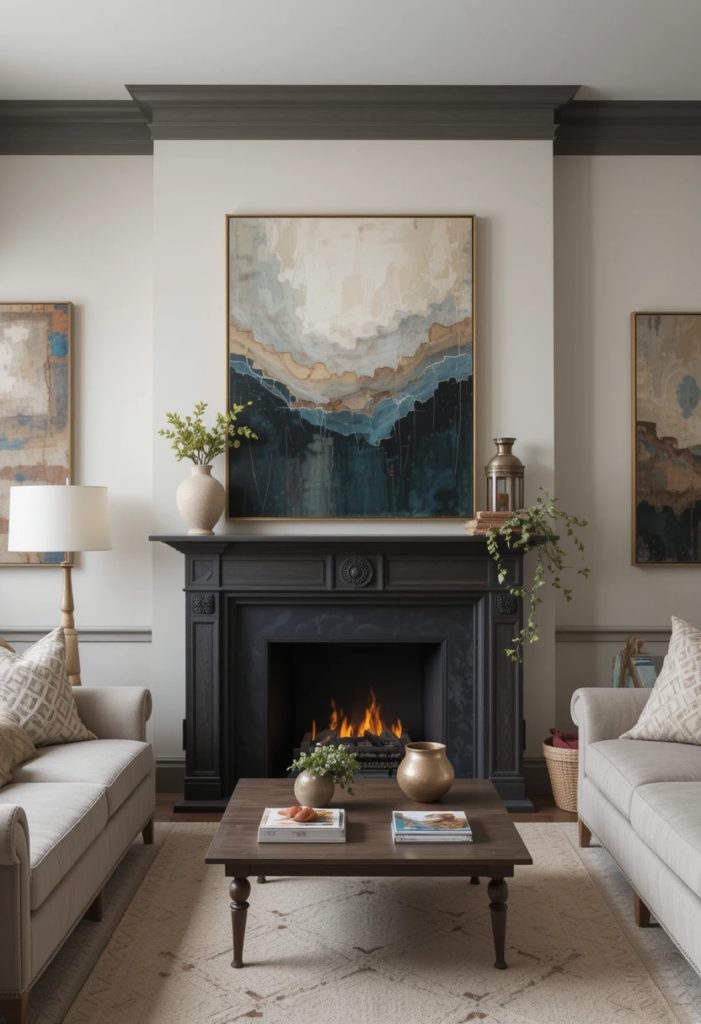 abstract works in muted tones in a Cozy Traditional Living Room