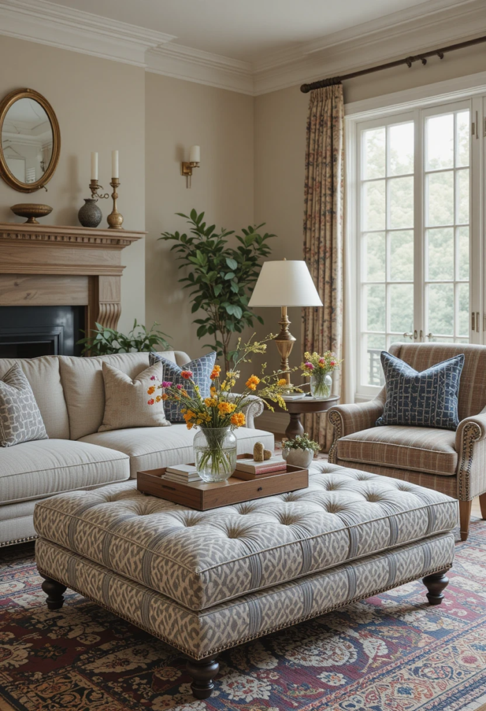 a living room with an ottoman and a fireplace and a couch