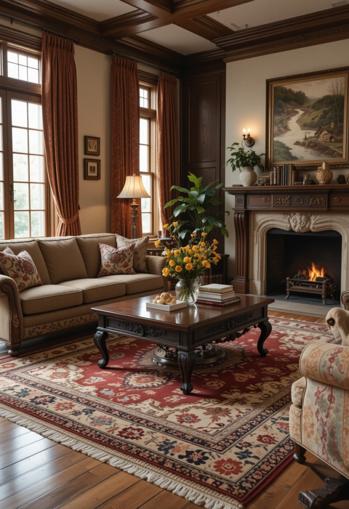 a living room with a fireplace and couches