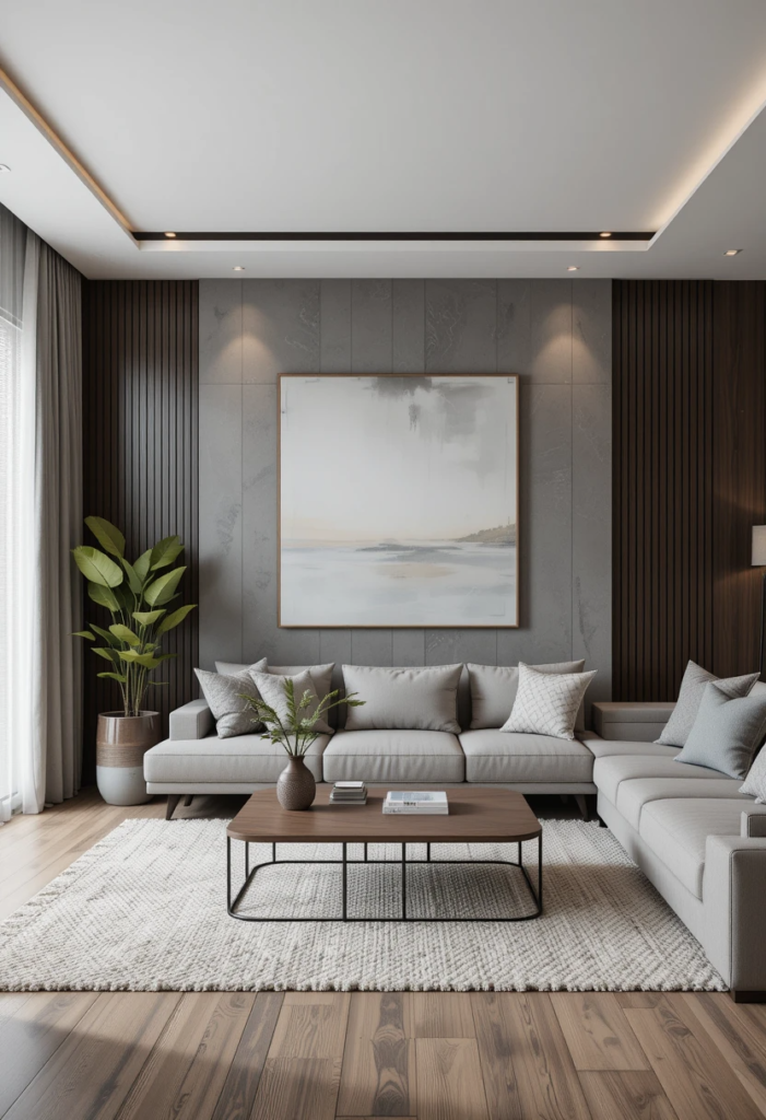 a minimalist grey and brown living room