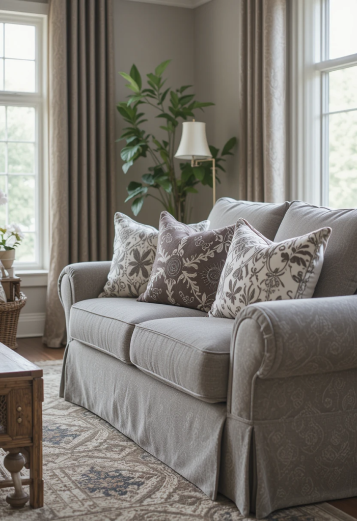 slipcovers in a grey and brown living room