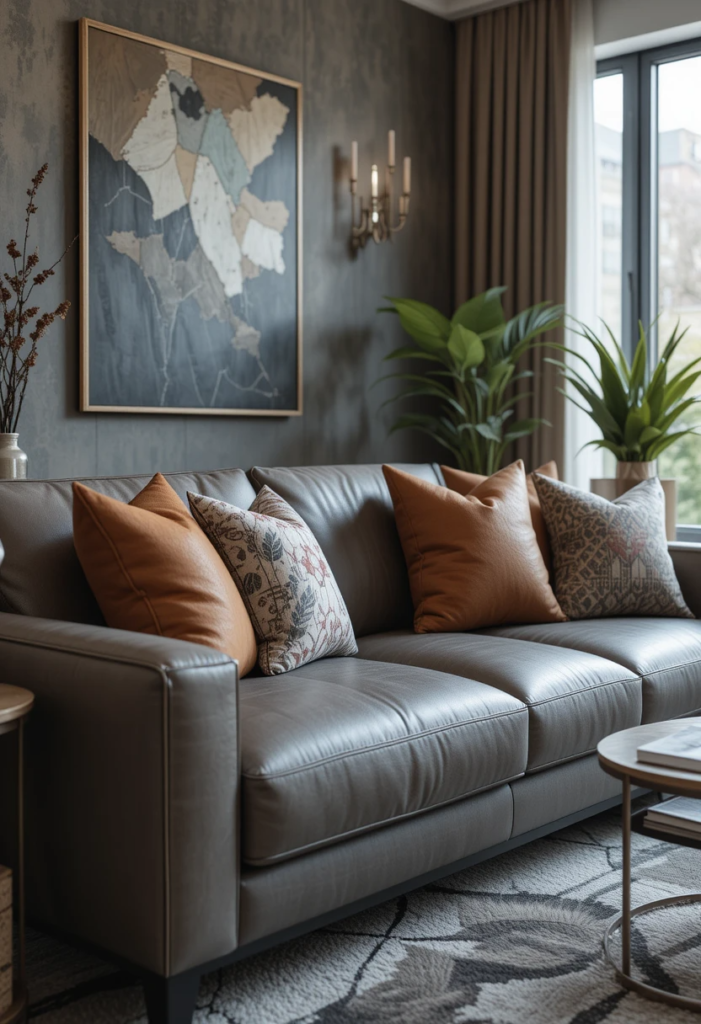 a couch with pillows in a living room