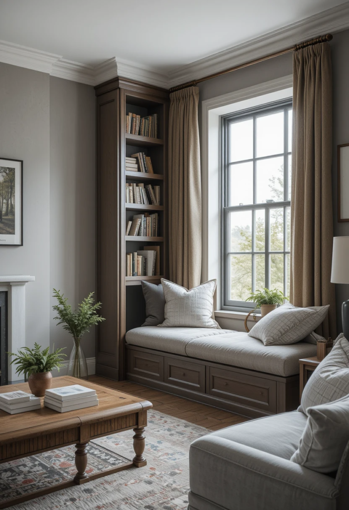 a room with a window seat and bookshelf