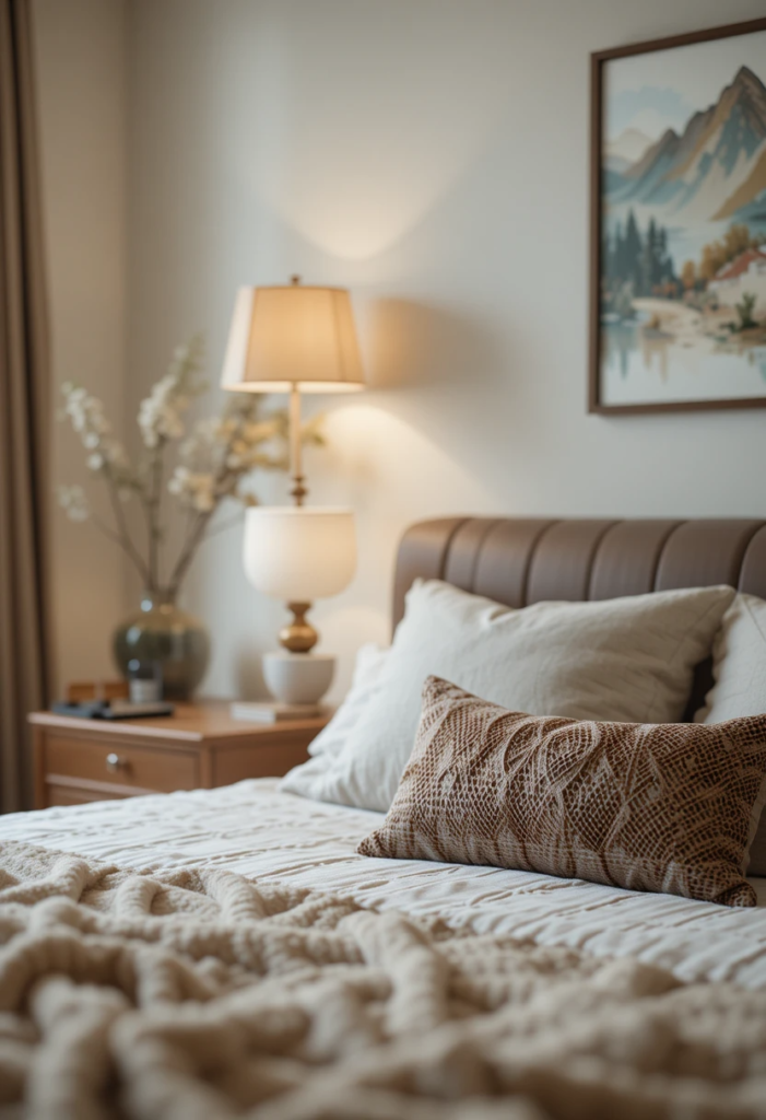 a bed with a lamp and a picture on the wall