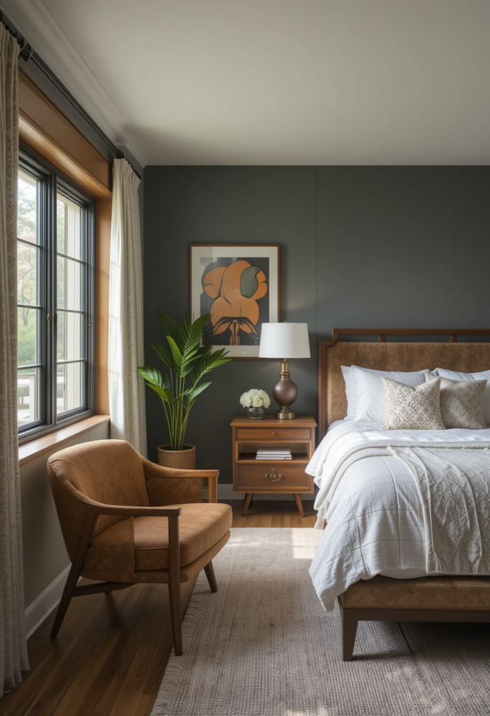 a small seating area in a mid century modern bedroom