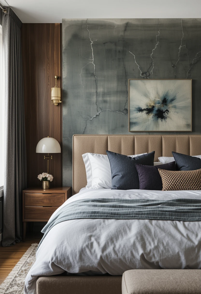 Subtle Metallic Accents in a Mid-century modern bedroom