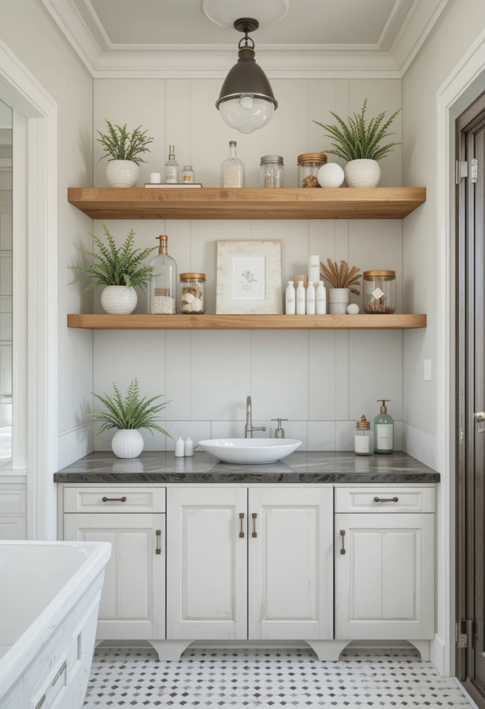 floating shelves in farmhouse bathroom