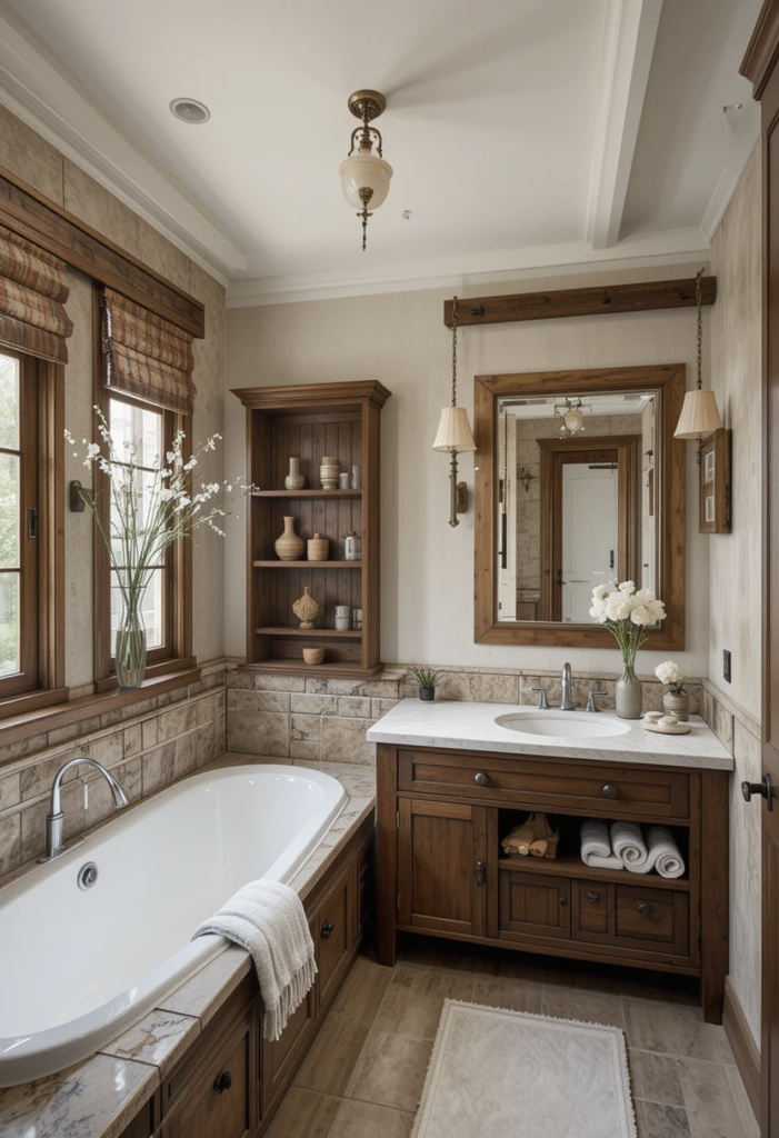 wood and stone in a Farmhouse Bathroom