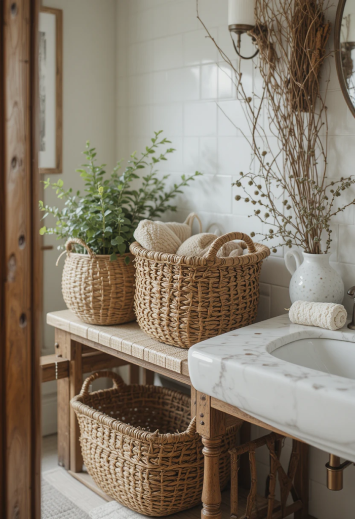 Woven baskets in a Farmhouse Bathroom