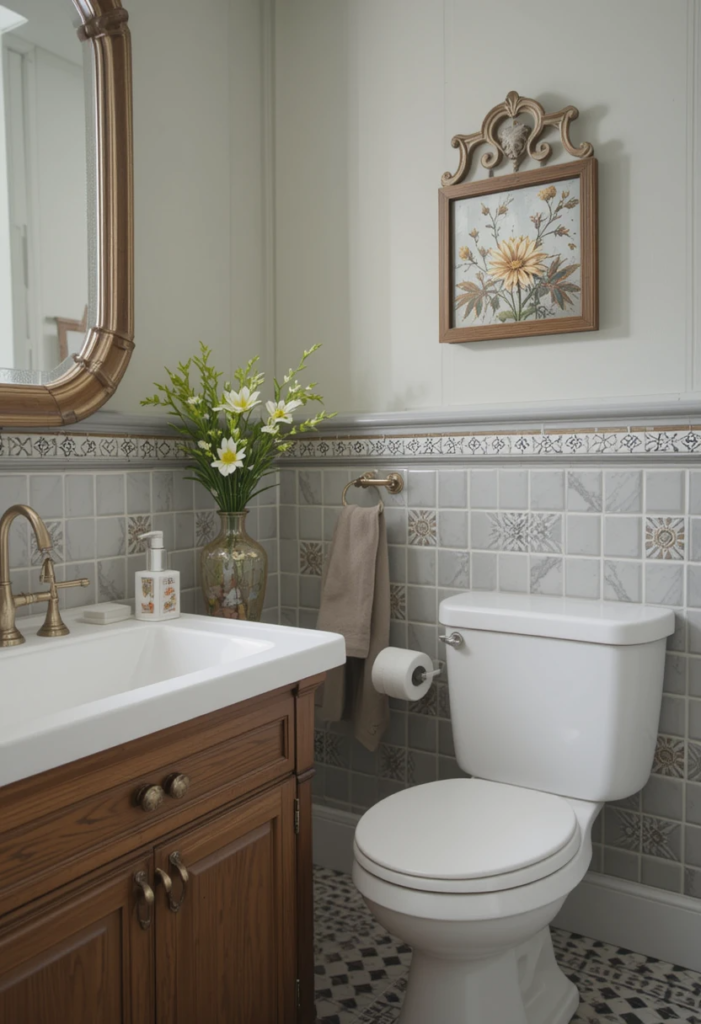 Patterned tiles in a Farmhouse Bathroom