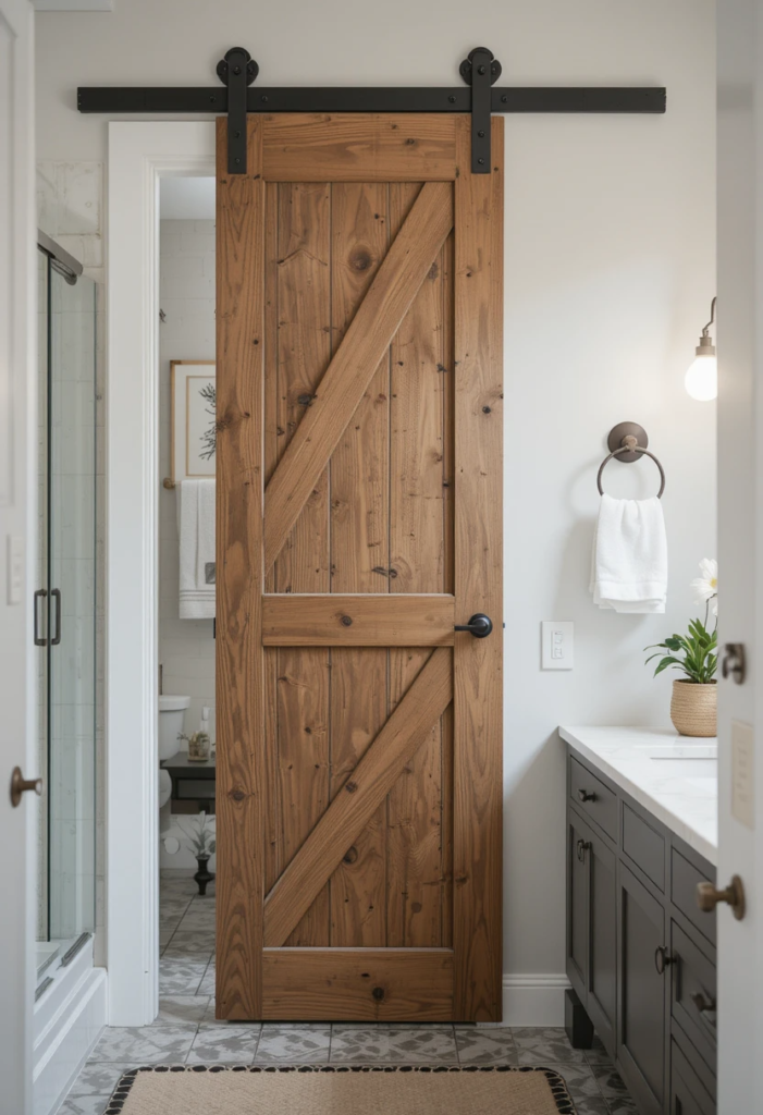 Barn Door sliding in a Farmhouse Bathroom