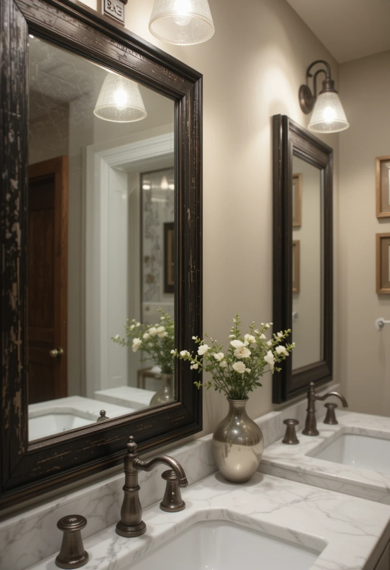 metal light fixtures, or steel-framed mirrors in a Farmhouse Bathroom