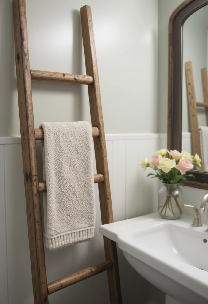 Ladder Towel Rack in a Farmhouse Bathroom