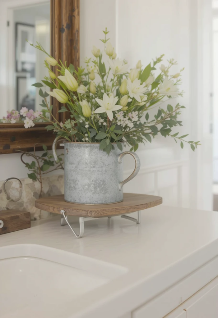 Galvanized Metal Accent in a Farmhouse bathroom