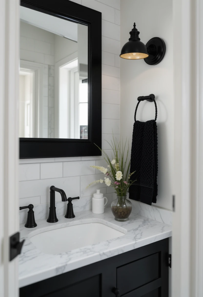 Black Accents in a Farmhouse Bathroom