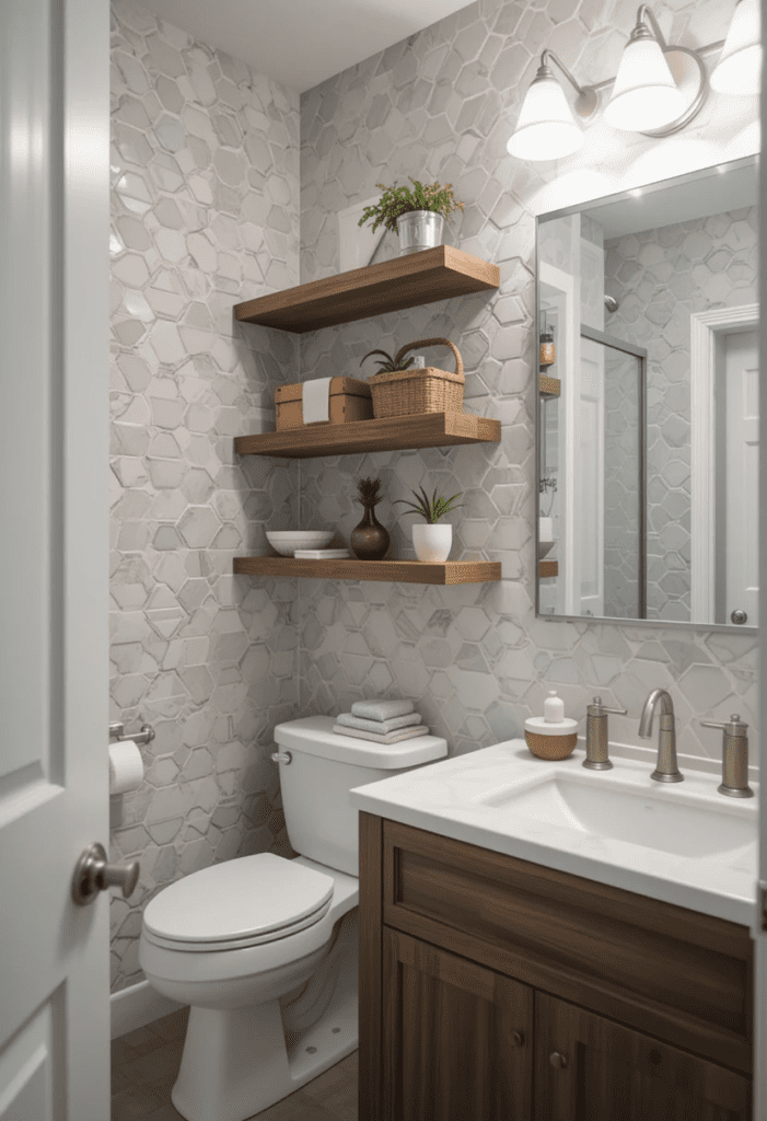 floating shelves in bathroom remodel