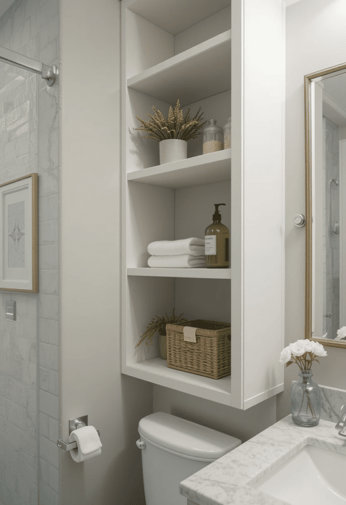 Built-in shelves in a bathroom