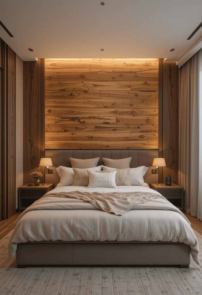 wood accent wall in a cozy bedroom