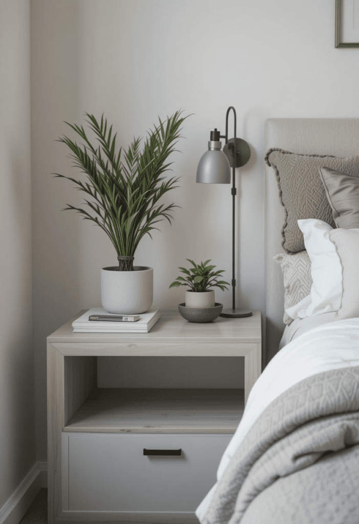 bedside table in a cozy bedroom