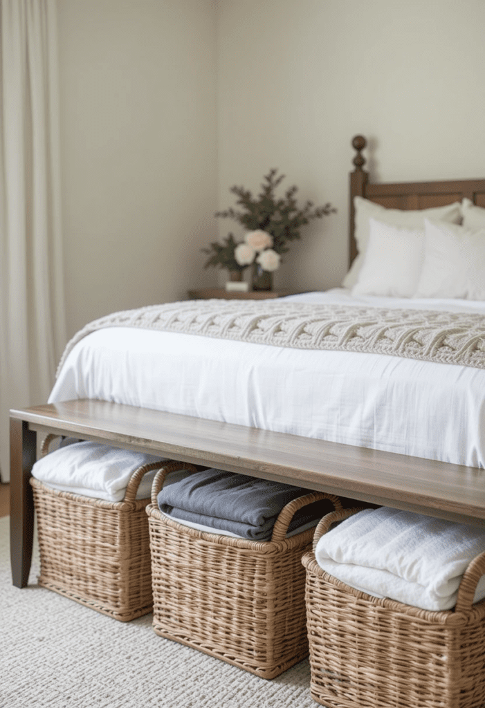 woven baskets in a cozy bedroom