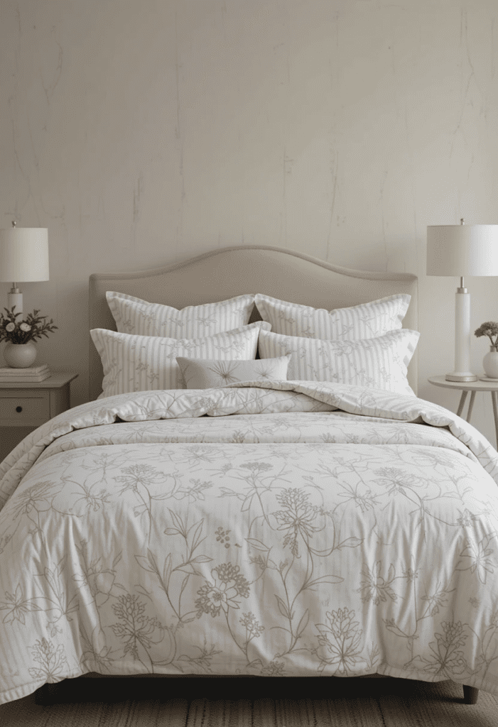 patterned bedding in a cozy bedroom