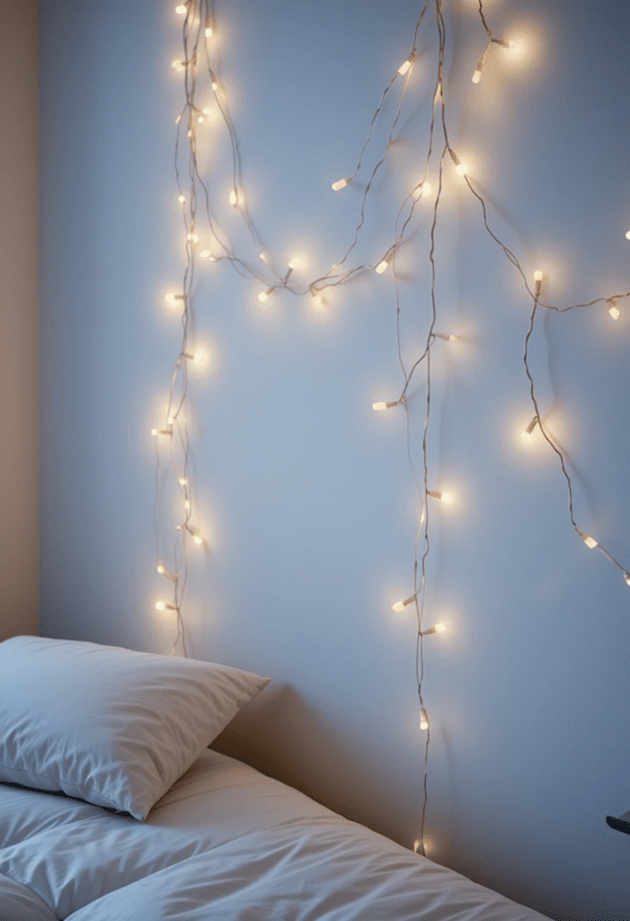 string lights in a cozy bedroom