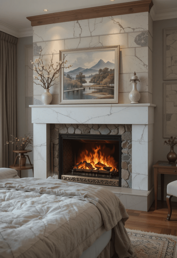 fireplace in a cozy bedroom