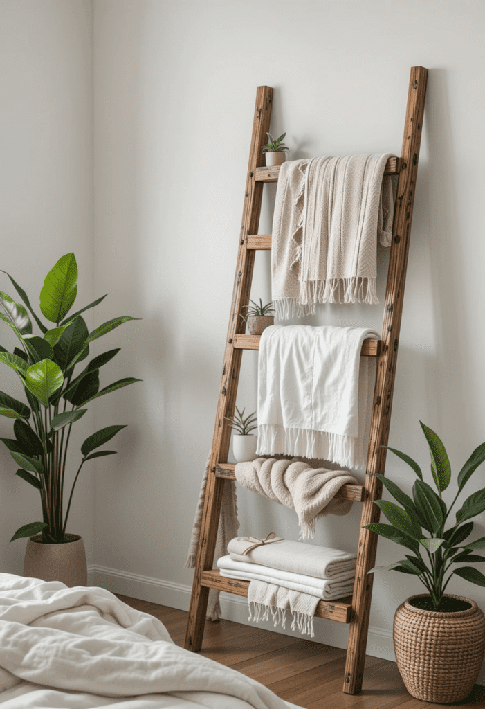 ladder shelf in a cozy bedroom